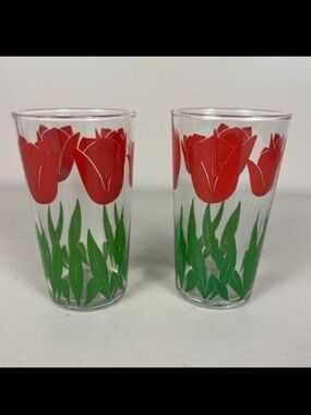 Vintage Swanky Red Tulip Juice Glasses Set of 2 Mid Century Modern Floral 4 Inch